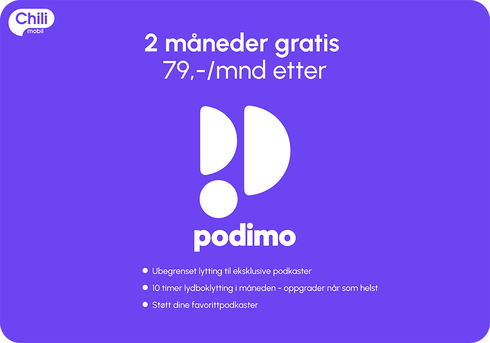 Banner for Podimo sin logo med 2 måneder gratis og 79,- etter, skrevet i tekst