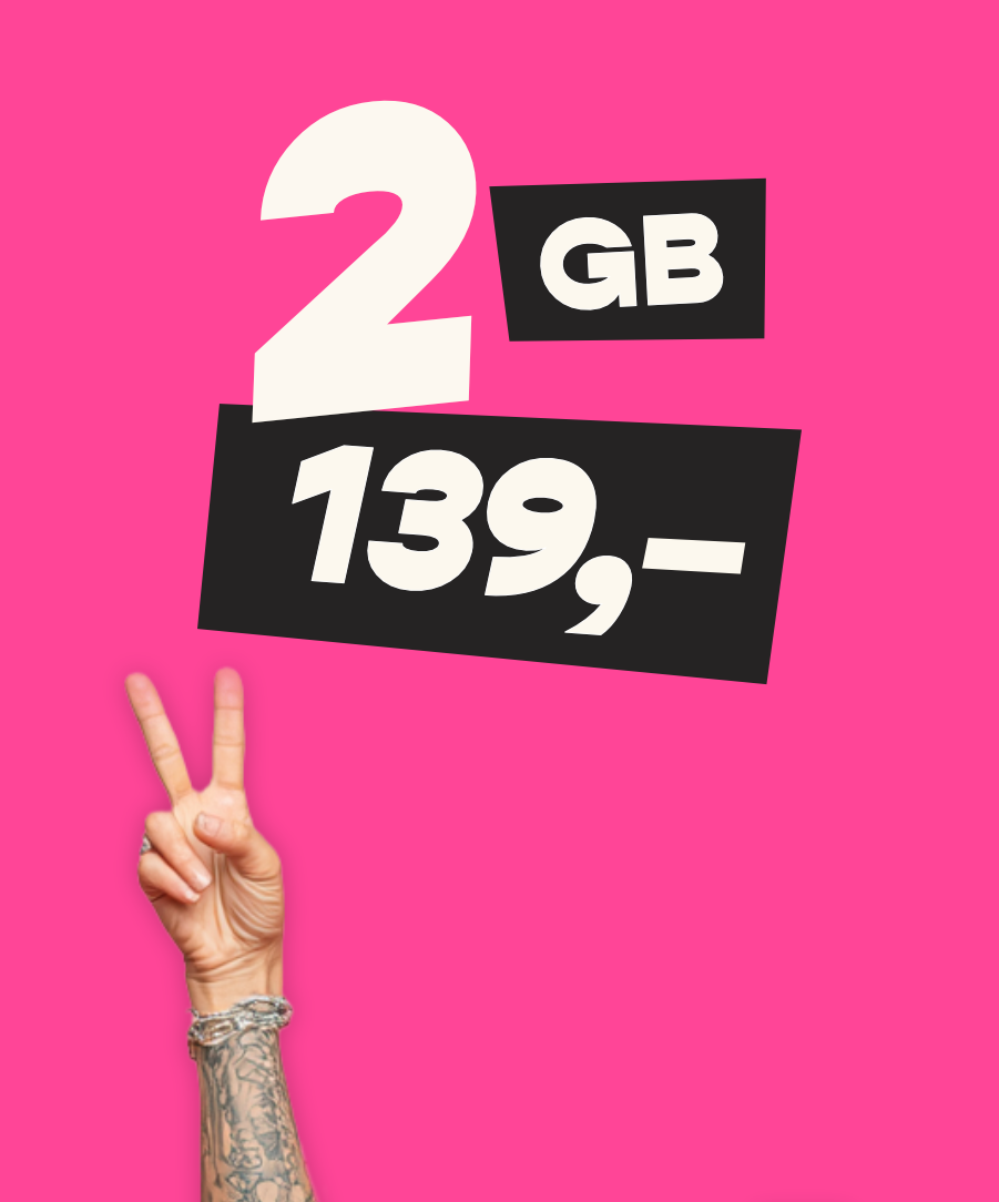 Banner med en hånd som fra siden som holder oppe et peace tegn. Teksten 2 GB 139,- vises i stor bold skrift