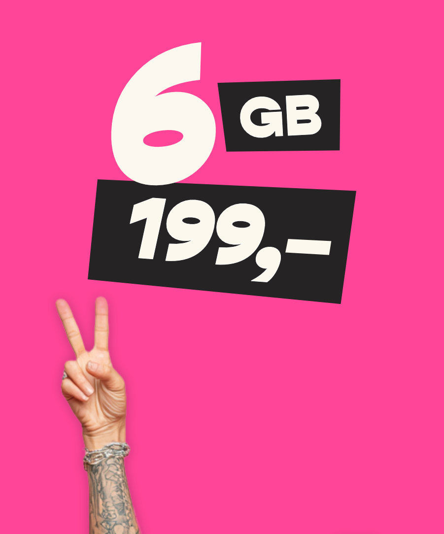 Banner med en hånd som fra siden som holder oppe et peace tegn. Teksten 6 GB 199,- vises i stor bold skrift
