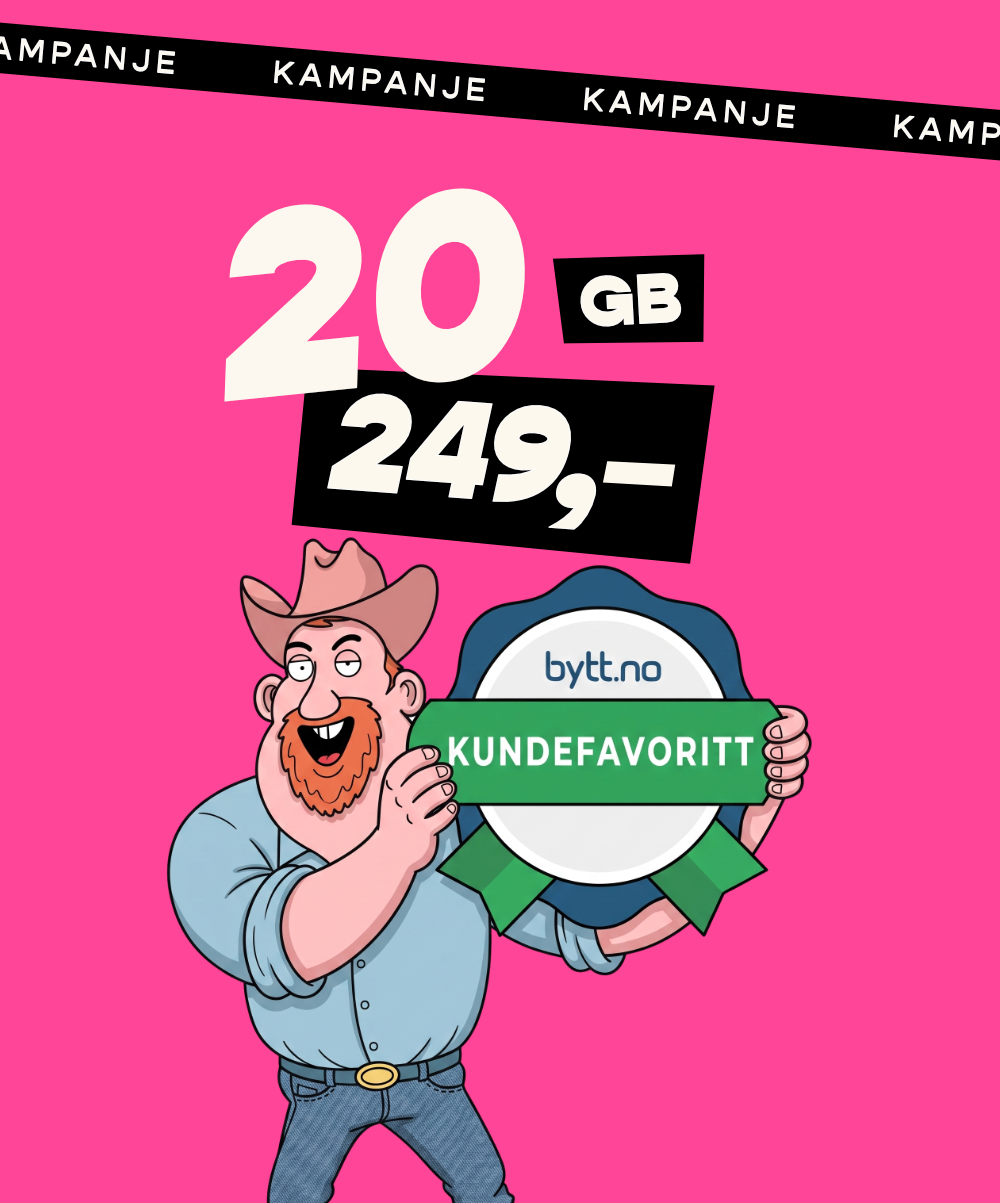 En tegnet cowboy holder en utmerkelse fra bytt.no der det står Kundefavoritt.