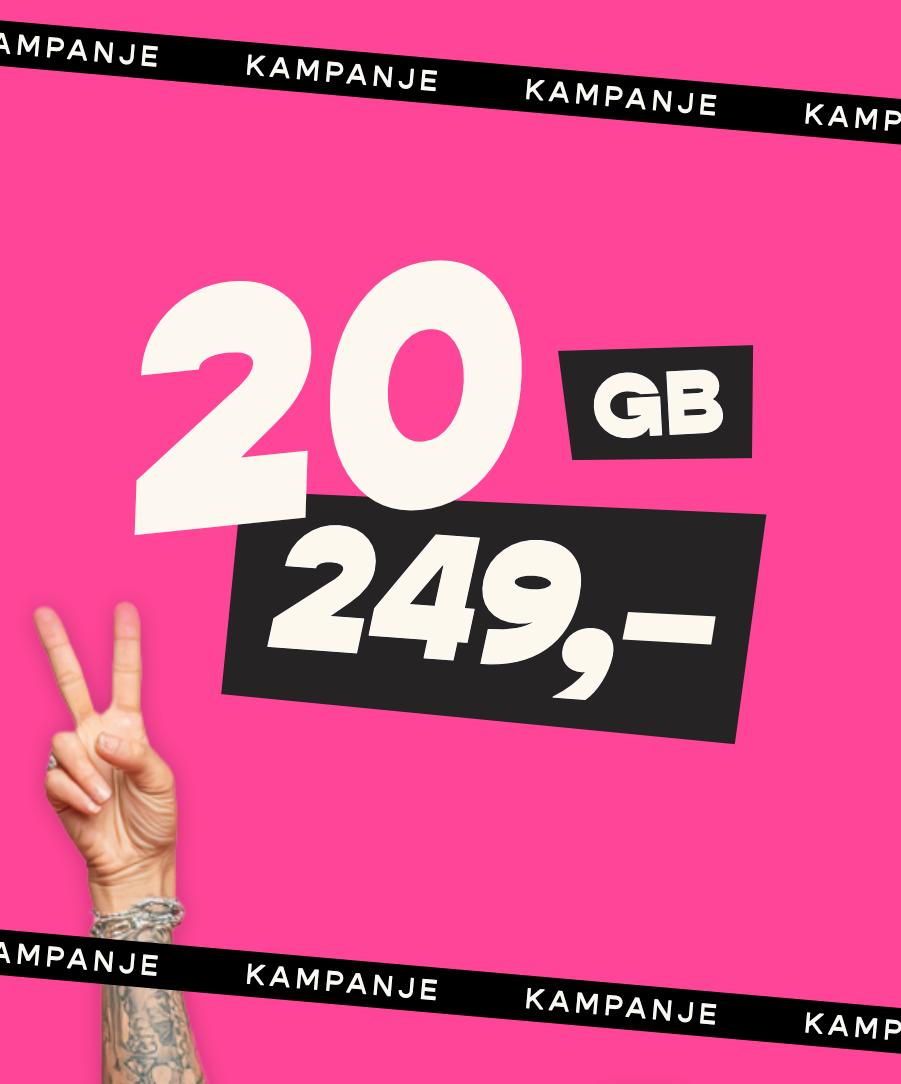 Kampanje fra Chilimobil i mobilvisning, 20 GB data til 249 kroner per måned, rosa bakgrunn, svarte kampanjebånd, hånd som viser V-tegn på venstre side