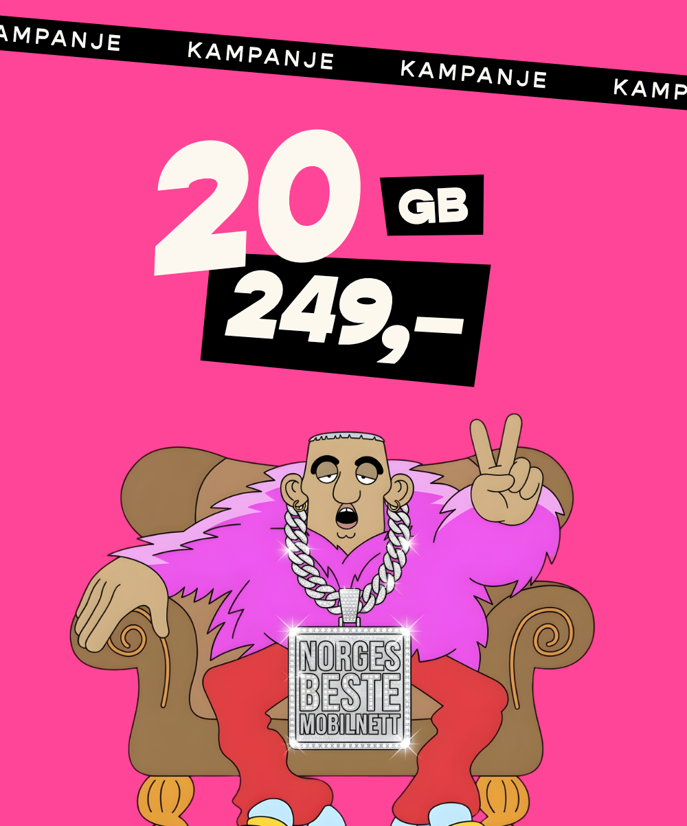 Chilimobil-kampanje: 20 GB for 249 kroner. Illustrert maskot med pelskåpe og kjede sitter i en lenestol og viser fredstegn.