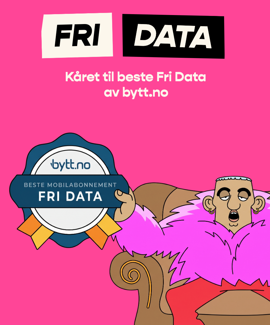 Fri Data, kåret til beste mobilabonnement av bytt.no. Tegnet fyr i rosa pelsjakke viser fram merket fra lenestolen.