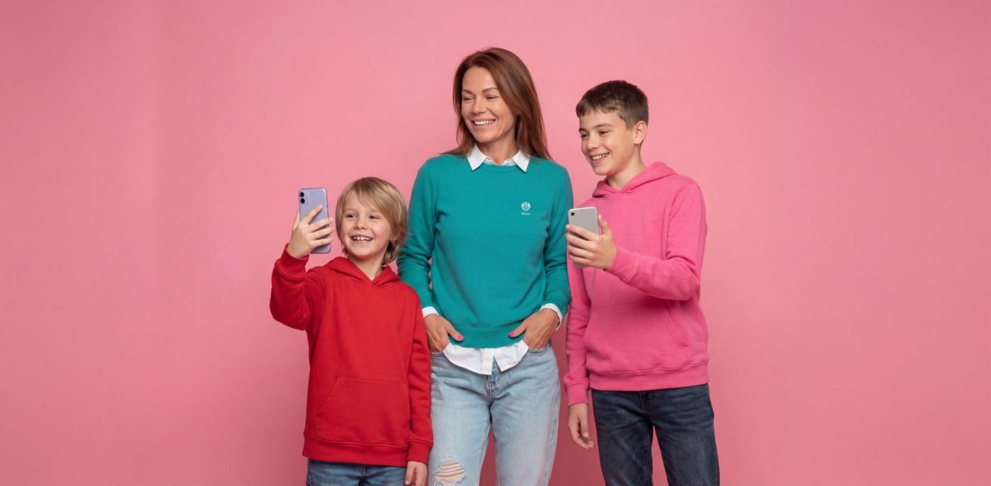 Smilende kvinne i grønn genser står mellom to gutter som begge holder mobiltelefoner. Den yngste gutten til venstre har rød hettegenser, mens den eldre gutten til høyre har rosa hettegenser. Bakgrunnen er ensfarget rosa, og stemningen er lys og uformell.