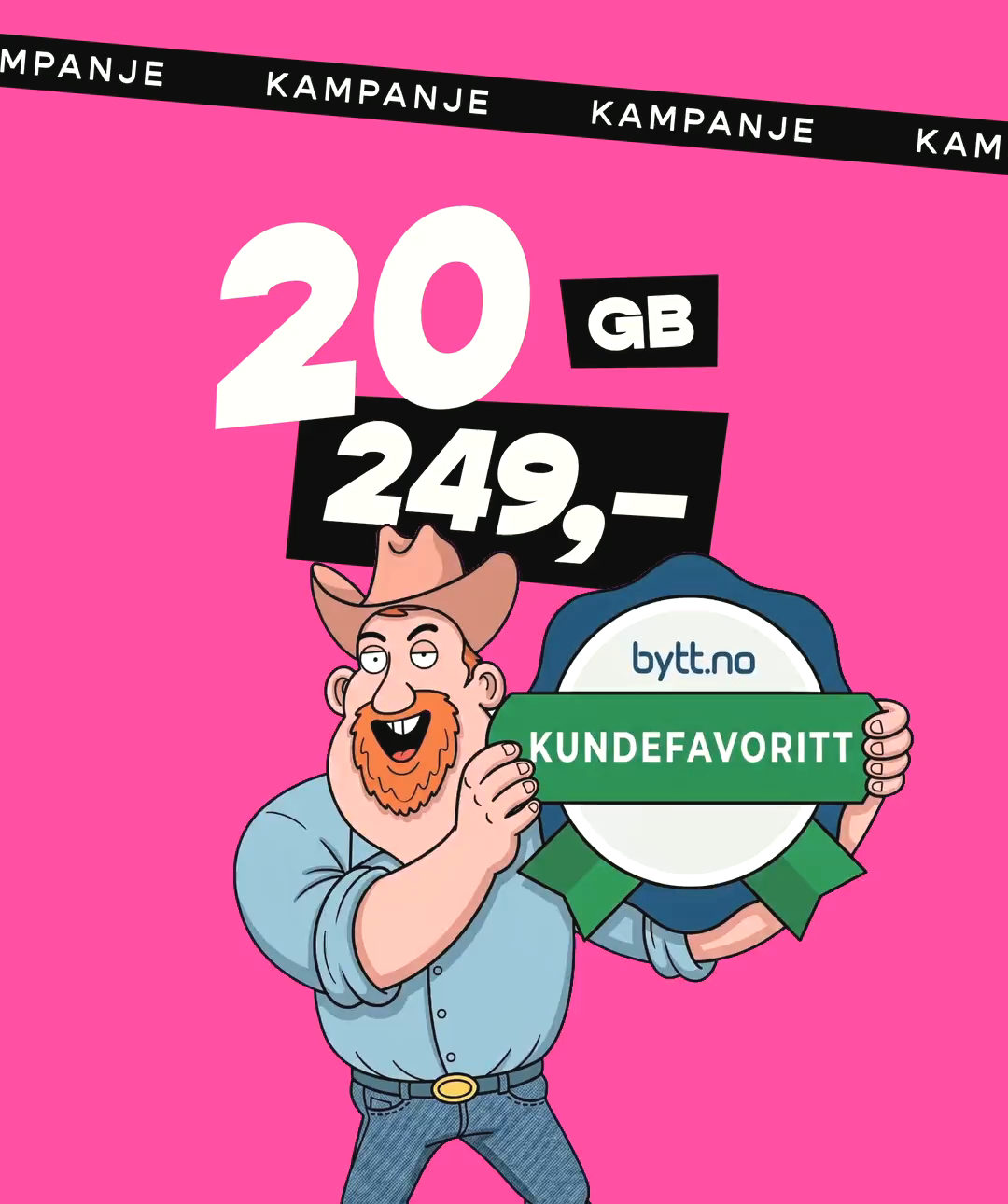 En tegnet cowboy holder smilende opp «Kundefavoritt»-medaljen fra bytt.no.